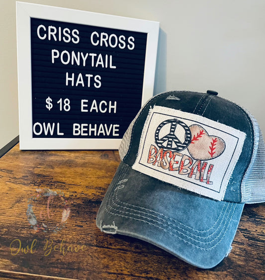 Peace Love Baseball Criss Cross Ponytail Hat