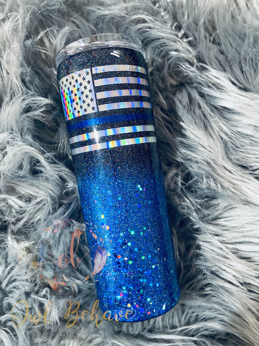 Thin Blue Line Glitter Tumbler