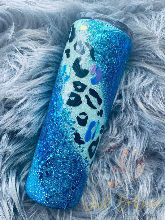 Blue Leopard Swirl Glitter Tumbler - OwlBehave 