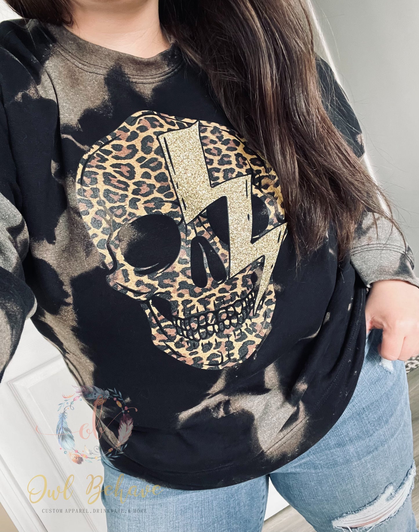 Lightning Skull Acid Wash Crewneck Sweatshirt