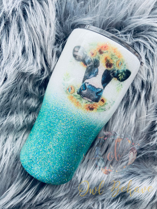 Sunflower Cow Glitter Tumbler