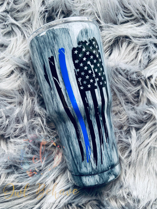 Thin Blue Line Woodgrain Tumbler - OwlBehave 