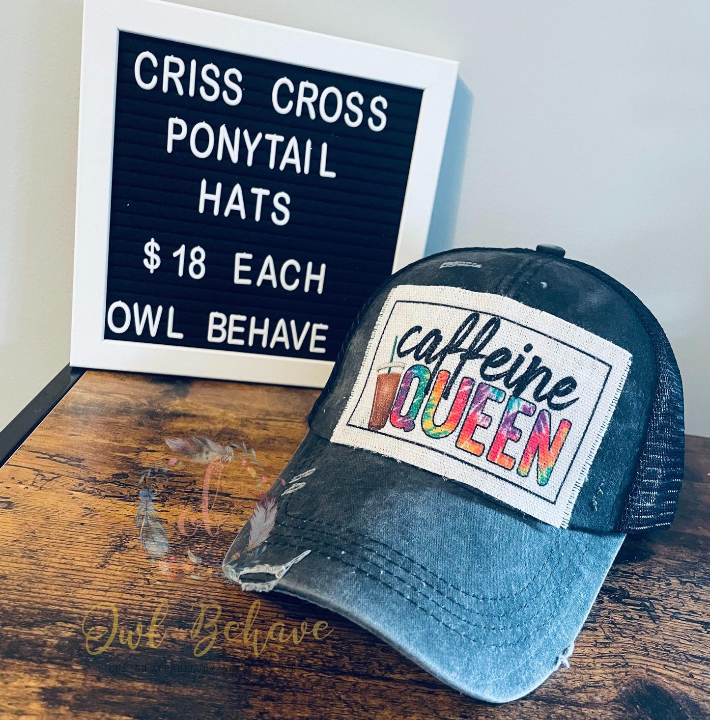 Caffeine Queen Criss Cross Ponytail Hat - OwlBehave 